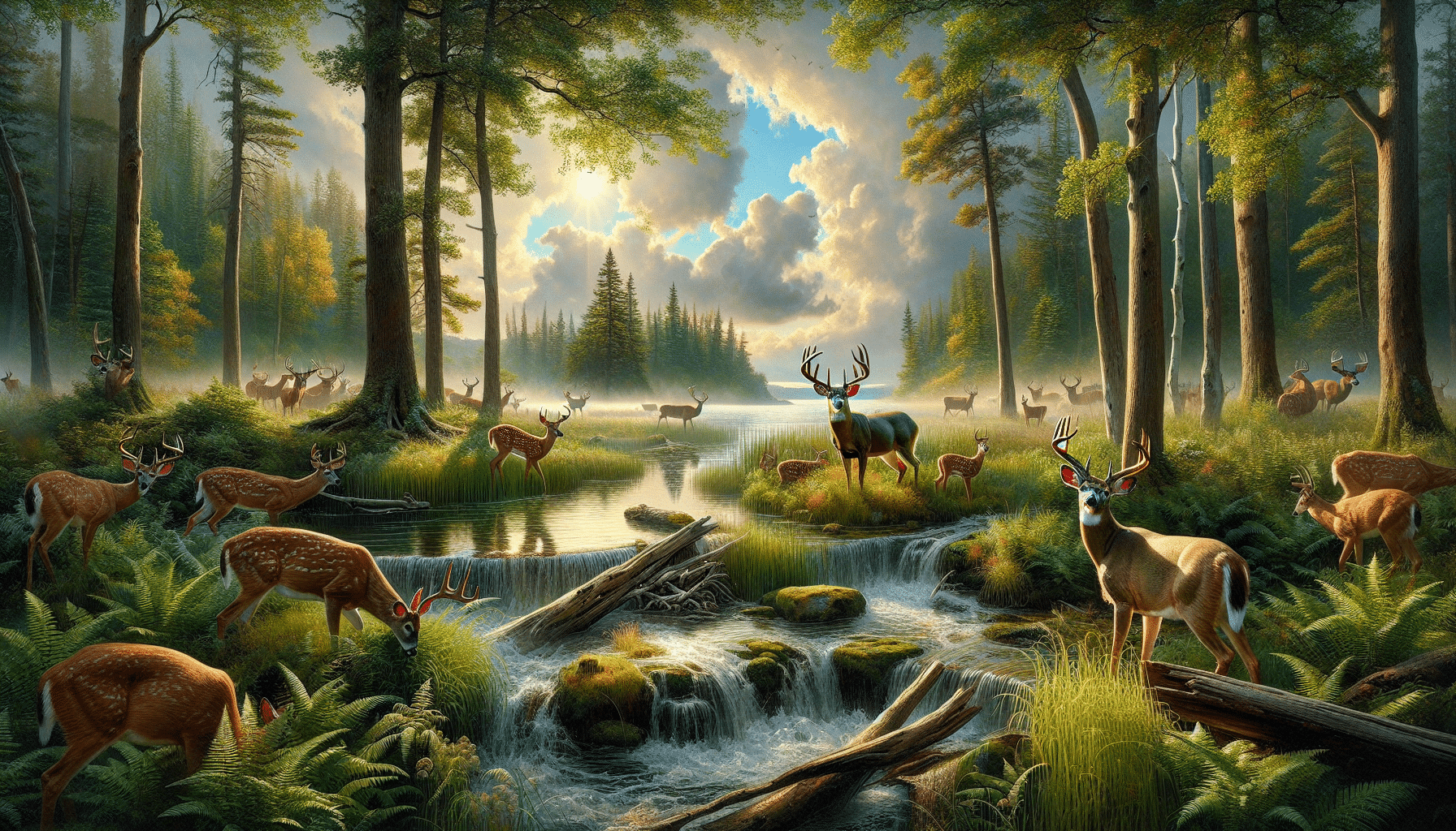 An in-depth depiction of a nature scene peeking into the wild beauty of Michigan. Capture the serene surroundings and wildlife, primarily focusing on the deer species. The scene should be set within an archery deer hunting ground during the early bow hunting season of 2025, allowing one to visualize the dramatic drop in deer harvest. The image must not include humans, text, or visible brand names. Show the deer in their natural habitat, perhaps near a flowing stream or under tall trees, perfectly blending into the awe-inspiring Michigan wilderness.
