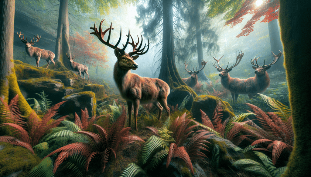 A vivid high-resolution image mimicking professional wildlife photography. Focus on a representation of an ancient deer species indigenous to the Toronto region, standing majestically amidst wilderness. Ensure the deer appears distinct, reflecting its unique features unearthed through DNA studies. Surround it with representative flora of the prehistoric times, similar to those prevalent around subway fossil find. The image should imbibe a sense of discovery and awe of nature's hidden secrets. Avoid any human presence, text, brand names, or logos. Capture the essence of serenity and grandeur of wildlife in its purest form.