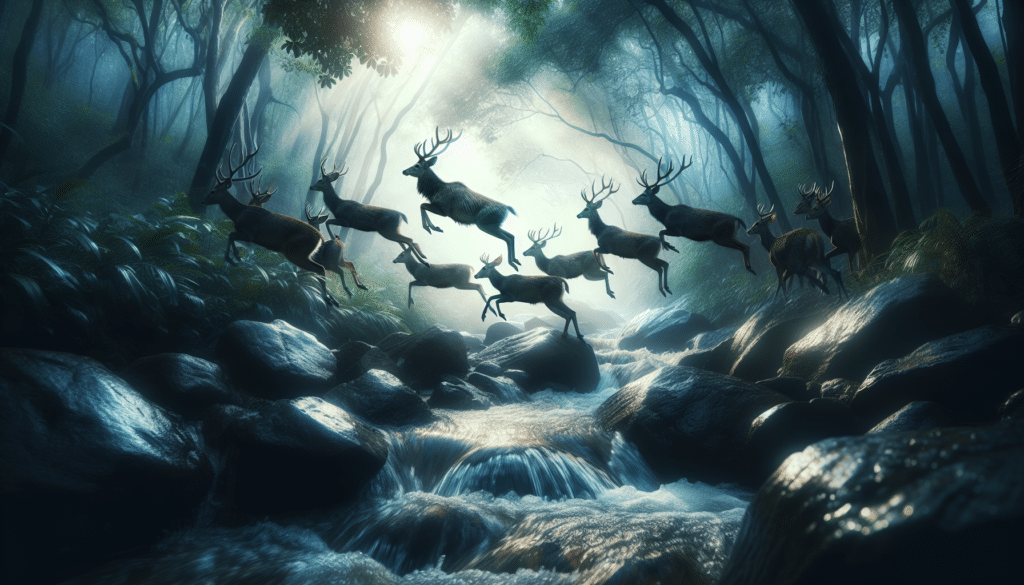 Create a vivid and realistic wildlife scene. Capture the peak movement of deer during this season, maybe a herd of deer leaping across a narrow stream in a serene forest setting. Sunlight is filtering through dense branches, casting an ethereal glow on the wet rocks of the stream. The image should have a sense of motion and urgency that ties to the theme of wildlife safety during deer movement peaks. Ensure there are no people, text, brand names or logos in the image.