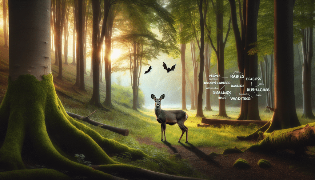 An image signifying a professional wildlife photograph emphasizing the theme of rabies in deer. The central focus is a majestic deer standing in an expansive, lush forest. The deer is healthy, alert, and embodies the undisturbed essence of nature. A few tell-tale signs subtly hint at disease risks prevalent in nature, such as a small bat hanging from a nearby tree, known carrier of rabies, creating a connection to the topic without interfering with the beauty of the scene. No people, text, brand names, or logos are present in the view.