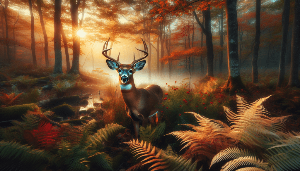 Generate a professional wildlife photographic image that could accompany an article discussing the rise in deer-related accidents during the fall season in Pennsylvania. The scene should predominantly feature deer in a woodland or natural environment, signifying the intersection of their habitat and ours. It's essential to avoid including individuals, text of any kind, or marked items within the scene. The picture ought to represent respect and regard for wildlife, highlighting the beauty and majesty of deer against the backdrop of the scenic fall's array of tones.