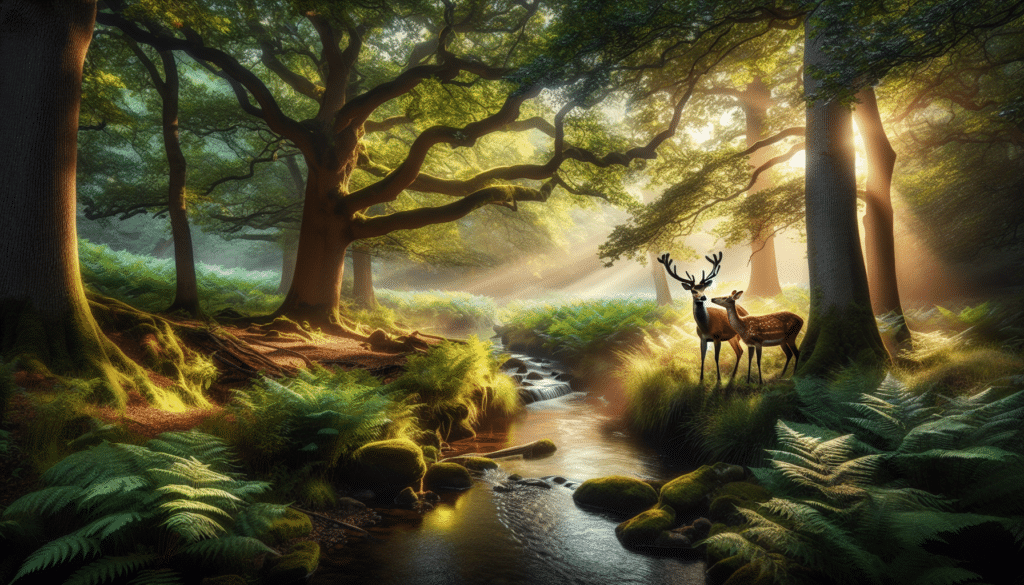 Create an image that captures the essence of a professional wildlife photograph for nature conservation efforts. The focal point should be deer interacting within their natural habitat. There must be a feeling of respect and care towards these creatures, illuminating the importance of protecting our wildlife. In this pristine environment, the viewer should sense the serenity of nature and the importance of its conservation. Components could include mature oak trees, dense ferns, and crystal-clear streams. There should be early morning light filtering through the canopy, highlighting the deer in a peaceful, attractive way. No person, text, or brand logos should be present in this image.