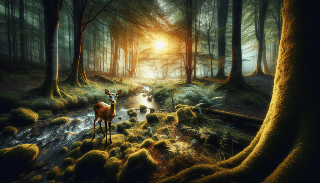 A captivating nature scene embodying the theme of an impending disease outbreak among deer. Picture a lush forest landscape during the crack of dawn, with a soft sunrise softly illuminating the dense tree population. Center the image around a deer, standing alert near a bubbling creek, its eyes reflecting concern. There are no human figures or sign of human intervention in this serene and untouched setup. The thick foliage and the protective circle of the woods enclosing the deer hint towards the struggle of survival and dominance of nature. An overall dramatic image with high contrasts and vibrant colors, encapsulating the essence of wildlife photography.