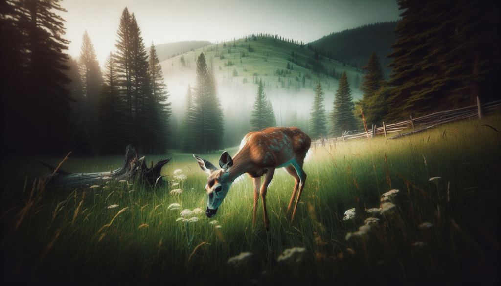 Create an image that captures the essence of wildlife photography specifically focused on nature scenes in Montana, the state known for its diverse and breathtaking landscapes. Concentrate on the white-tailed doe, a symbol of grace and gentility, quietly grazing in a verdant field or amongst a forest clearing. Its picturesque image should evoke a sense of solitude and tranquility, untouched by human involvement. Ensure there are no logos, labels, or brand names, or human presence in the scene. Also, refrain from including any written text within the frame. Maintain a high level of professional quality prevalent in wildlife photography.