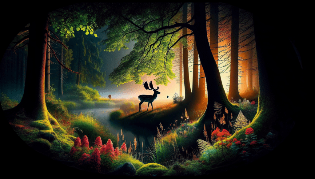 A captivating and expertly-composed wilderness scene that encapsulates the essence of professional wildlife photography. The heart of this image features a majestic deer, its silhouette standing out amidst the resplendent natural beauty of its forest surroundings. The deer grazes calmly, embodying the feeling of serene grandeur inherent to wildlife. The details that make up this scene - the intricate patterns on the tree bark, the radiant colors of the blooming wildflowers, the shimmering reflections on a nearby stream - all contribute to the breathtaking depiction of natural wildlife conservation.