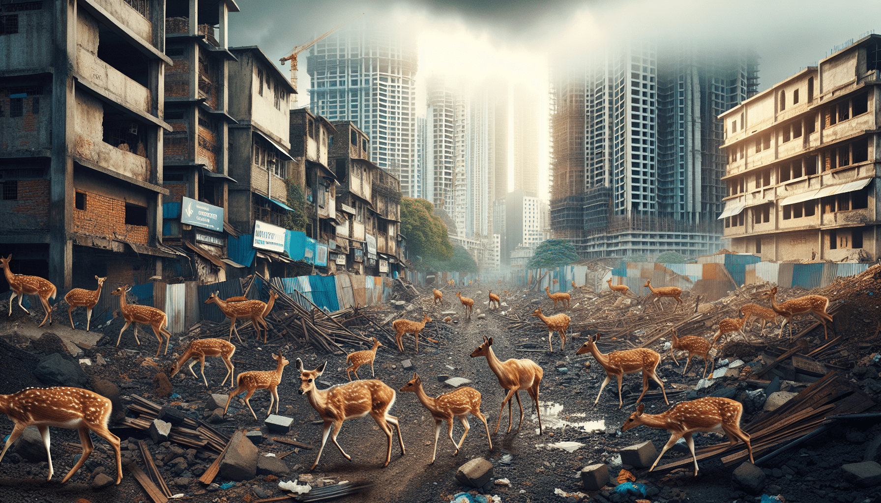 Generate a vivid and professional wildlife photography image, featuring a scene from Mumbai where local deer are adapting and surviving amidst an urban construction site. The city surroundings should be implied but not overstated. The central focus should be on a deer or a herd of deer, striding through the underbrush or hopping over rubble, showcasing their resilience amidst urbanization. Buildings under construction can loom in the background, subtly hinting at the encroaching civilization. Ensure no humans, brand names, logos or text appear within the image.