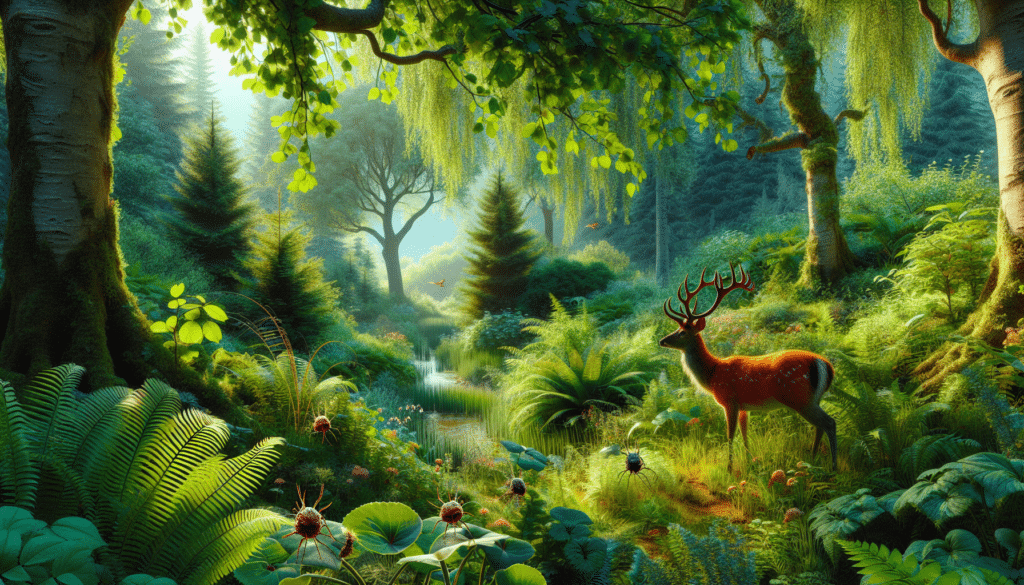 A high-resolution image capturing the serenity of the wilderness. The scene is vibrant, with an abundant flora and fauna as if you've stepped into a nature paradise. Inclusion of a majestic deer is required, standing peacefully in the lush greenery, feeding perhaps on the juicy leaves of a bush. Include insects like ticks in the scene, but ensure they are not overtly prominent because the focus should be the deer and its natural habitat. Important to note is the exclusion of any human presence or man-made objects in this natural scene.