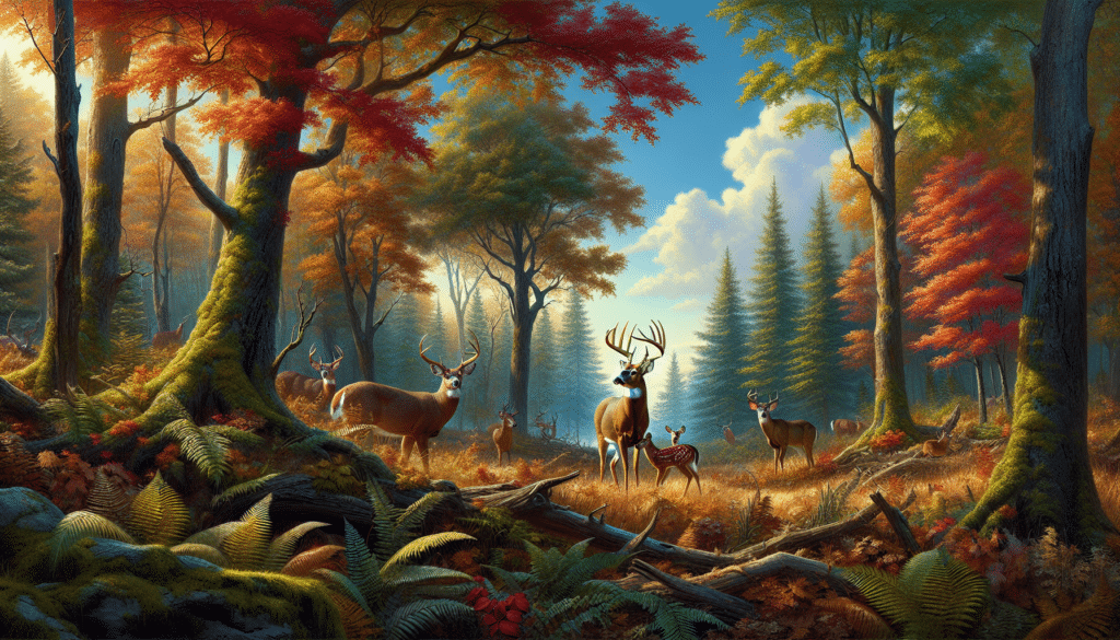 A serene wildlife scene capturing the essence of deer hunting season. The image should represent a rich woodland environment characteristic of Indiana, with diverse trees displaying autumn colors under a clear blue sky. Vividly showcase a group of deer, demonstrating their natural behavior in the wild; perhaps a doe taking care of her fawns, or a majestic buck, displaying his impressive antlers. There should be absolutely no human presence to maintain the natural purity of the scene. The image should be free from any textual aspects or brand logos.