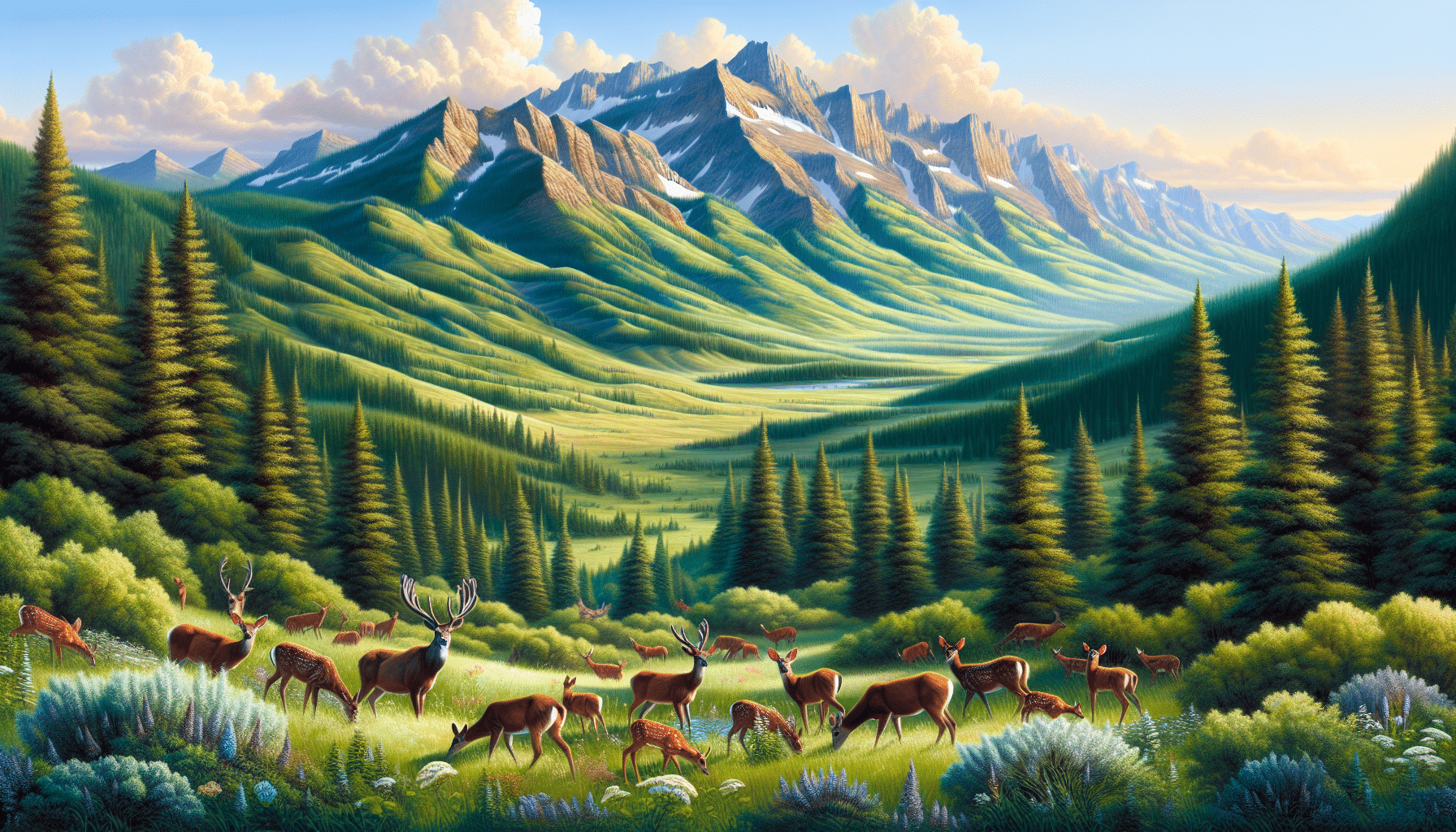 A picturesque scene representing the expansive Montana landscape. Display wildlife characteristic to the region, such as a herd of deer grazing peacefully amidst lush green meadows, bordered by towering mountains in the background. The deer should appear healthy and free, the epitome of nature thriving in its natural environment. The landscape should incorporate diverse flora, accentuating the stunning biodiversity of the place. Make sure NO text, people, brand names, or logos appear in the serene depiction. The overall impression should echo the tranquility and richness of untouched wilderness.