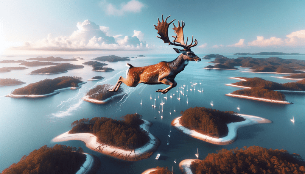 Generate an image that depicts an awe-inspiring wildlife scene from Beaufort County. The image should capture the unique spectacle of deers swimming strongly between the islands, which is an unusual sight in nature. Depict the deer possessing dynamic, physical strength and agility, while also showcasing the beautiful, untouched natural surroundings and the contrast of land and water. Avoid including people, text, brand names, and logos in the image.