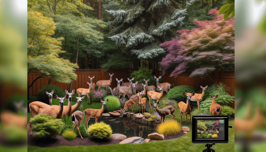 Create an image that evokes the essence of a professional wildlife photography. This image is for an article that discusses a backyard deer management program. The image should aim to capture a group of deer in a tranquil, backyard setting, representing the idea of overpopulation. The scene should be filled with various elements of nature, such as trees, shrubs, and perhaps a small garden pond. Ensure that the image does not include any human presence, text, brand names, or logos.