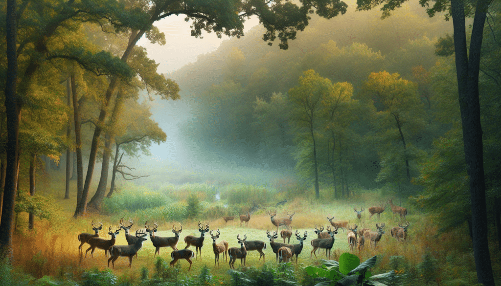A professional wildlife photography image suitable for an article about deer management. The image focuses rightly on nature's tranquility with a backdrop of dense, verdant Missouri woodlands in mid-autumn. A herd of deer gathers in the clearing, engaged in their natural behaviors, creating an educational snapshot of the local wildlife. Several different types of deer are present, highlighting the biodiversity of the area. Included in the backdrop, a variety of forest plants and flora complete the scene, adding a touch of the rich biodiversity present. Note that the image is devoid of any humans, brand names or logos, adhering to a purely natural vibe.