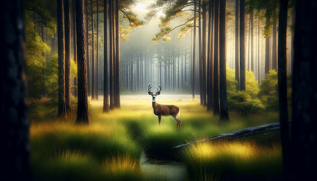 Create a nature-rich scene that captures the essence of a professional wildlife photograph. The pivotal subject of the shot should be a solitary deer, perhaps observed from a distance, its majestic form against the backdrop of dense trees and grassy plains. The environment should communicate 'Lowndes County, Georgia', a southern ecosystem, with tall pines, warm sunlight filtering through the foliage, and maybe a nearby flowing stream. The entire scene should evoke a sense of tranquility and balance between the deer and its natural habitat, without any human interference, brand names or textual inscriptions.