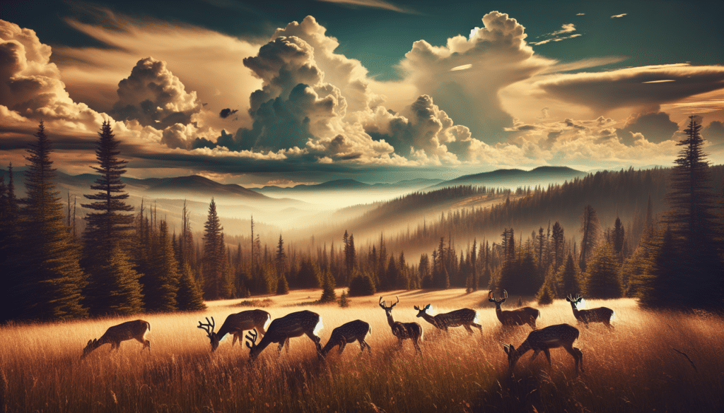 Create an image suitable for a professional wildlife photography article about Hemorrhagic Disease in deer. Show a serene picture of a deer herd inhabiting the natural landscapes of Flathead Reservation. Convey the healthy existence of the deer prior to the disease's onset. Make sure the image is filled with elements of nature: trees, shrubs, grassland and the deer grazing peacefully under the vast, cloud-laden sky. Ensure there are no people, text, brand names or logos in the image. This image does not need to directly reflect the disease but should depict the abundant wildlife of the reservation.