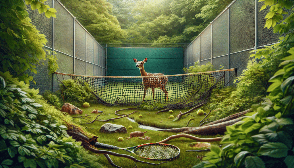 Create a nature-focused scene that shows the aftermath of a rescue operation for a deer that had been tangled in a tennis net. The scene is in a community park of Victoria. The tennis net is there but it's empty, implying that the deer was successfully rescued. There are vestiges of the rescue operation scattered around but no people are visible. The specific emphasis is on the freed deer, who is now peacefully grazing nearby, signifying a happy ending. The area is vibrant with luscious greenery and wildlife, showcasing the beauty of nature and its inhabitants. The image should be in the style of professional wildlife photography.