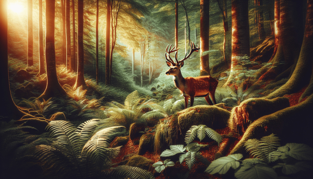 Craft a professional wildlife photography image that showcases the thriving heritage of deer and other wildlife in their natural habitat. The image should focus on a majestic deer standing amidst a vibrant forest scene, embodying the essence of wilderness and a nod to the hunting tradition of tracking such magnificent creatures. There should be a rich variety of flora and fauna, emphasizing biodiversity. Ensure no humans, text, or brand logos appear in the image.
