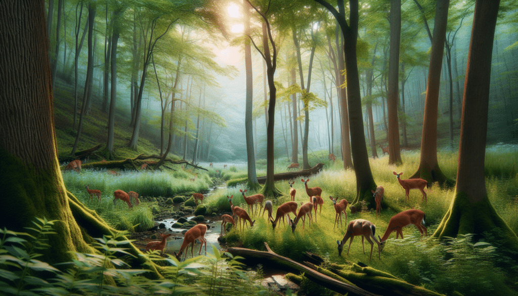 Generate an image reminiscent of professional wildlife photography for an ecology-focused article. The scene should capture a tranquil setting within a forest in Indiana, highlighting several deer grazing peacefully. Show a diversity of deer from different ages, such as fawns, doe, and buck. You can also include elements that reflect untouched nature, like towering trees, a babbling brook, a carpet of fallen leaves, or native wildflowers. There should be no text, no human presence, brand names, or logos in the image.