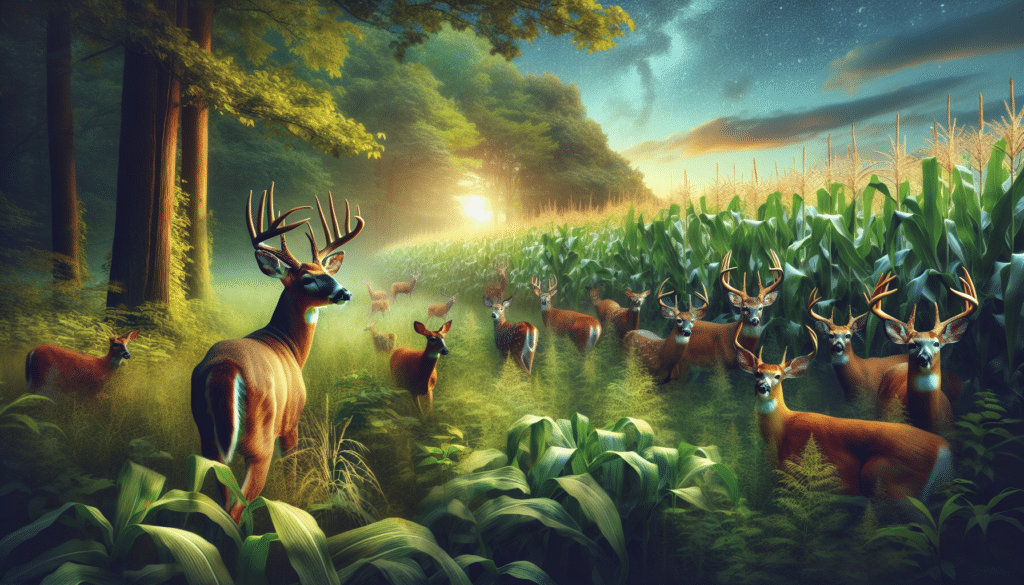 A detailed and professional wildlife image portraying the active season of deer hunting in Indiana. The scene should be abundant with an assortment of deer – bucks and does – roaming around the lush cornfields and dense woodlands characteristically found in Indiana. Please, make sure that the focus is on the deer, illustrating their behavior and demonstrating their interaction with the vivid nature around them. Do not include any humans, brand names, or logos in the scene. Additionally, please ensure that the image is free of any text.