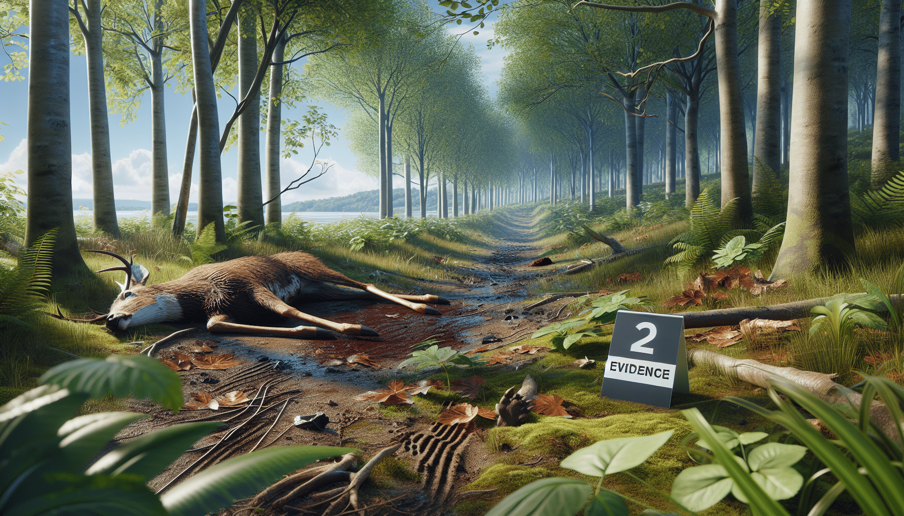 A scenario showcasing the intersection of wildlife and forensic science without the presence of humans or text. There is a dense forest with leafy green trees and a clear blue sky overhead. In this scene, a deer carcass lies on the forest ground, its details clearly indicating it serves as an important piece in a detailed study. Animal tracks and signs of other wildlife are noticeable around it, delivering an important narrative about the natural ecosystem. An evidence flag, void of any text or branding, marks an area near the carcass, subtly indicating a scientific investigation taking place.