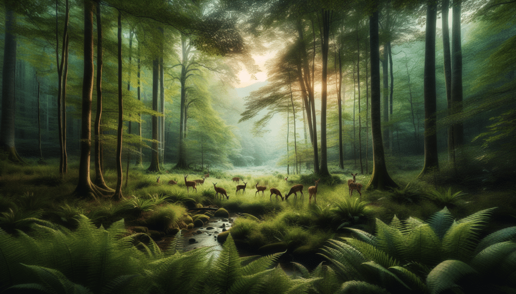 An image representation of a lush forest scene that could be situated in Hendersonville, showcasing a soothing yet teeming wildlife. A few deer can be seen in the distance, grazing peacefully within the dense foliage. Focus on the serene deer interacting amongst themselves, highlighting their overpopulated nature. The environment should reflect the calm before a hunting program, untouched and thriving. The image should be composed in a professional wildlife photography style, focusing on the tranquility of the space and the harmony of the animals in their natural habitat. No logos, brandings or humans should be visible in the scene.