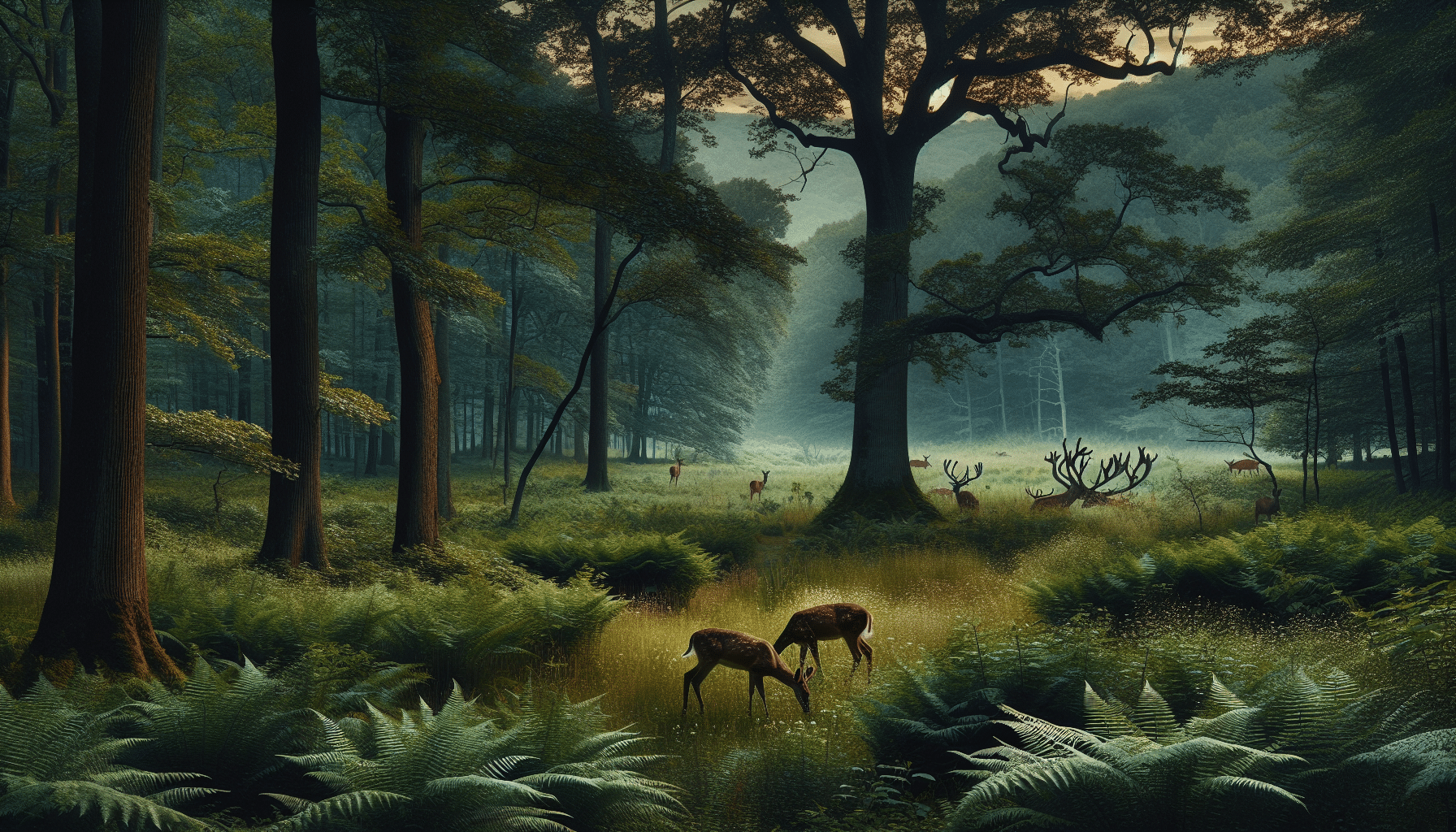 Generate an image that captures the beauty and serenity of Pennsylvania wilderness, with an emphasis on the natural habitat of deer. Illustrate a tranquil scene of the forest at dusk, showing detailing various fauna like ferns, oak trees, and various bushes typical of Pennsylvania woodland. A picturesque sight of deer feeding in the meadow, surrounded by the lush vegetation, with the looming shadows of the trees. Use a professional wildlife photography style to capture the scene, ensuring that no humans, textual content, or brand symbols appear within the image.