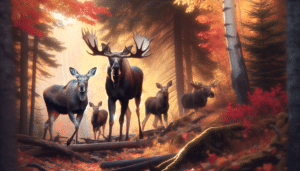 Create a wildlife scene that could be fit for professional photography. The focus of the image should be on deer and moose in a fall setting. Depict the animals as active, perhaps foraging or prancing around in the height of their day. The environment should include autumn foliage, fallen leaves, and the fading warm hues of the fall season. Please avoid including any human presence, text, brand names, and logos in the image, ensuring that the raw beauty and sincerity of nature is captured with utmost vividity.