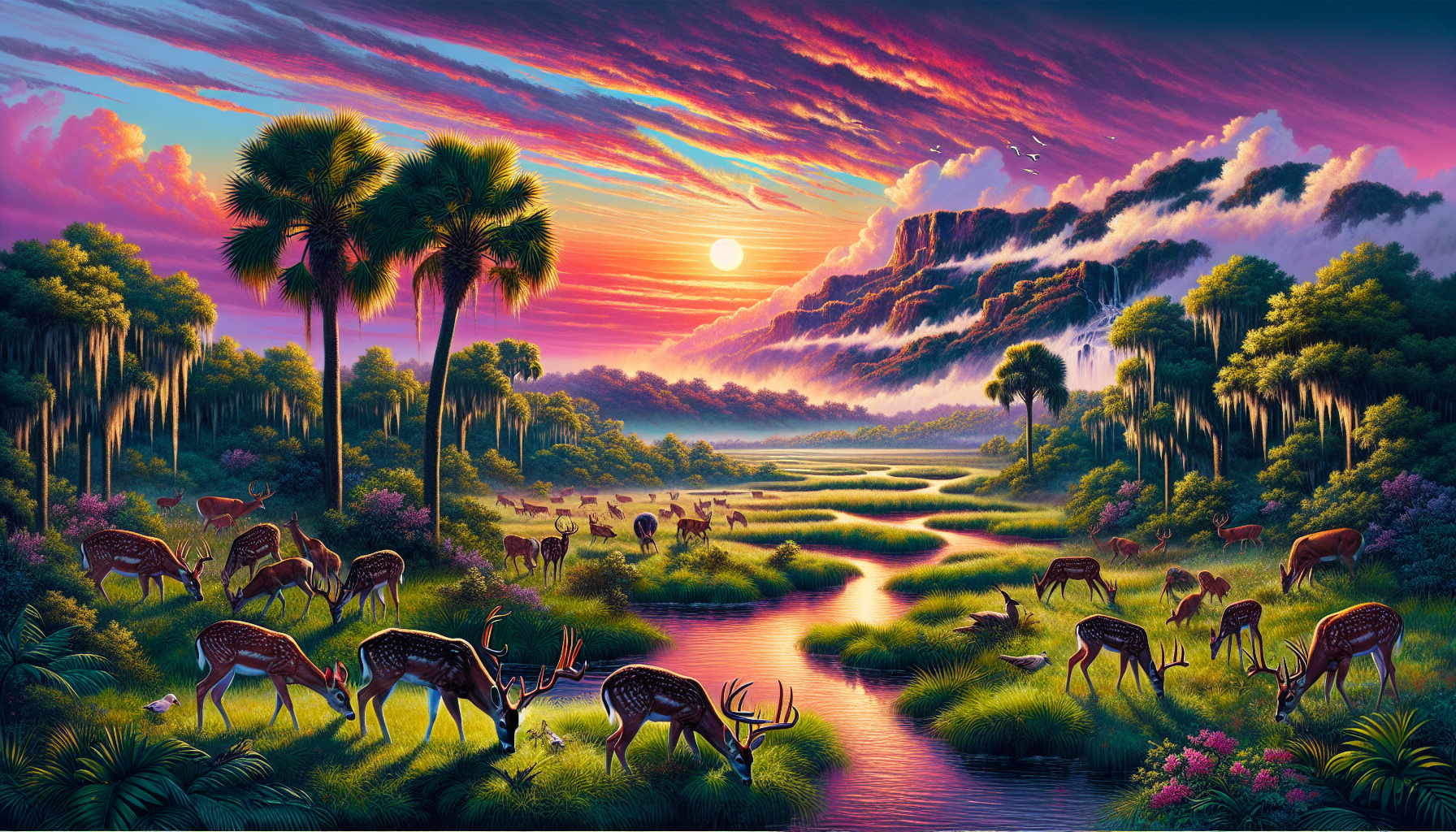 Create a spectacular scenery of the Florida wilderness overtaken by dusk with an emphasis on a herd of wild deer peacefully grazing. The landscape should encapsulate the essence of natural Florida beauty, with lush greenery, a scenic tranquil stream meandering through, and a vibrant, colorful sunset kissing the horizon. Palm trees surrounding the scene should provide a hint of tropical essence. The deer, distinguished by their white-tail, should appear healthy yet wild, embodying the contradictions of the vibrant yet threatened wildlife of Florida. Remember, there are no human beings, brand names, or logos included within this illustration.