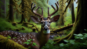 Produce an image capturing professional wildlife photography representative of a Columbia Blacktail Deer in its natural habitat. The scene should depict the deer in a lush forest environment, illustrating why it is often considered the ultimate wildlife hunt. The deer should be the focal point, embodying intricate details from its spotted coat to its branching antlers. Portray a serene, untouched wilderness without human intervention, including no text items, brand names, or logos. Make it feel as though the viewer is looking directly into the untouched, beautiful world of the deer.