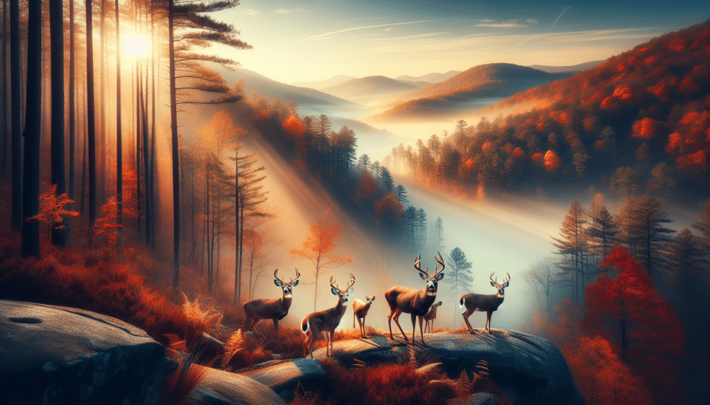 Generate a professional wildlife photography image suitable for an article on wildlife conservation. The focal point should be a scene from Georgia's wildlife during the deer hunting season in October, showcasing deer in their natural habitat along with the prevailing magnificence of the fall season. Ensure that no human presence is depicted and absolutely no text, brand names, or logos are included in the image.