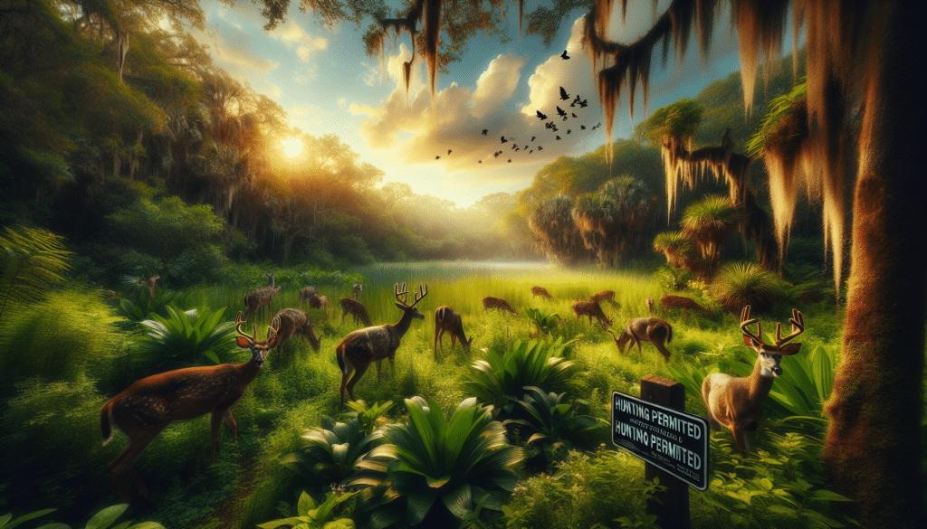 A serene and untouched scene within a national wildlife refuge. Focus on a group of majestic deer grazing peacefully in the midst of lush greenery. Ensure the atmosphere is brimming with the tranquility of nature, emphasizing the deer's sense of calm. The surroundings should comprise diverse plant species and a radiant sky overhead. Nearby, a sign stating 'Hunting Permitted' is quietly nestled amongst the vegetation. Keep the image free of any human presence or influence such as text, brand names, logos, or items. Capture the purity of wildlife and nature in this image.