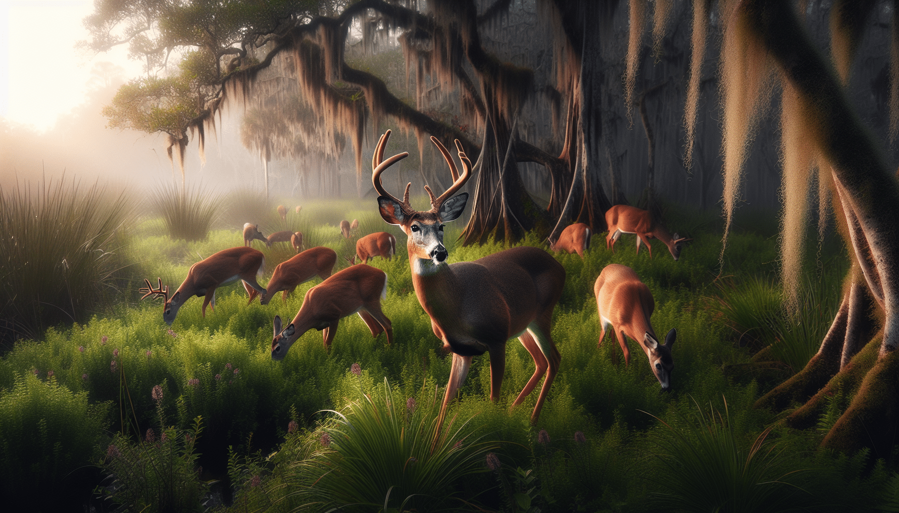 An emotive wildlife photography image showcasing the Florida deer in its natural habitat. The scene should depict a group of these majestic creatures grazing in a lush Floridian environment, with a clear emphasis on the serene, mysterious beauty of the deers. Capture the quiet complexity of a deer, highlighting its fit and healthy physique hinting at the significance and urgency of the issue - Chronic Wasting Disease. Evident should be the peaceful and balanced coexistence of various organisms, the perfect personification of undisturbed nature. No text, brand names, logos or humans should be included.