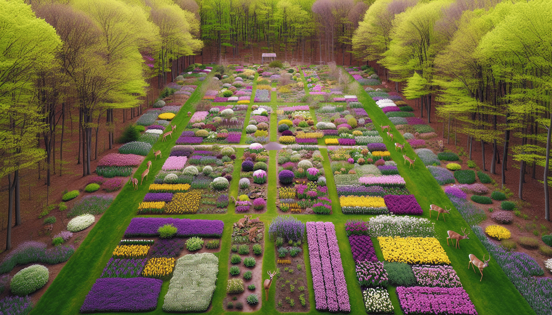 An aerial view of a thriving garden in Northeast Ohio during spring, teeming with blooming bulbs of various colors - purple, yellow, pink, white, among others, meticulously arranged. No signs of human presence, reflecting a serene, untouched environment. Focus on a subtle deer path on the edge of the garden, with a few cautious deer peering from the concealment of the nearby saturated green forest, their curiosity aroused by the vivid palette of the garden. The scenery conjures an essence of wildlife interacting with nature, whilst respecting the boundaries of human intervention.