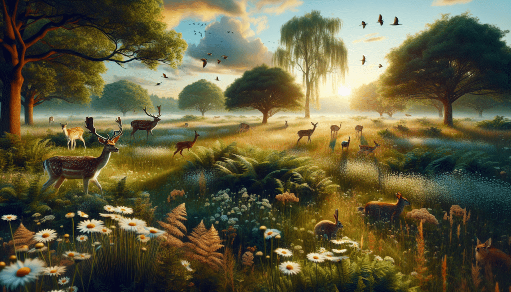 Imagine a beautifully composed wildlife image, showcasing a serene natural habitat, with the focus being various deer going about their business in the gentle light of a sunset. The scene is full of lush greenery, whispering trees, blue skies with feathered clouds, scattered daises, and tall grasses, providing the viewer a sense of calm and tranquility. Birds are chirping in the distance and perhaps a rabbit or squirrel can be seen most often frolicking in the sidelines. The essence of the photo should reflect the spirit of a renewed wildlife community. Remember, do not include any human figures, brand names, logos, or text within the image or on any items in the image.