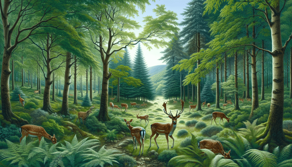 An illustrative professional wildlife photography featuring a lush green forest under clear blue skies. Within this sylvan splendor, depict multiple beautiful deer, their coats glossy and their gazes attentive. Perhaps postured mid-graze, the deer should be at one with their natural surroundings comprising tall trees with branches spread wide, interspersed foliage dotting the landscape and the foot of the woods carpeted with leaves, ferns, and wildflowers. The entire scene emanates a serene atmosphere, positive energy, and tranquillity that bespeaks of the magic of nature and wildlife and also emphasizes unity and harmony that is quintessential to any ecosystem. Ensure there are no people, text, brand names, or logos within the image.
