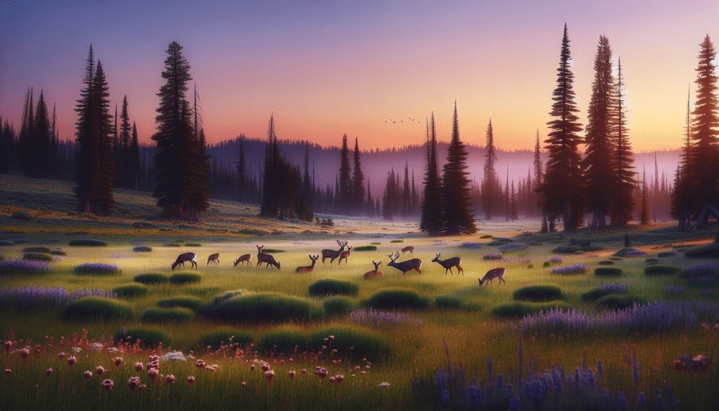 Create an image of the peaceful wildlife scene in Eastern Washington. Focus on a serene meadow with a herd of deer peacefully grazing. The evening sky illuminates the landscape with gentle hues of orange and purple. Pine trees border the meadow, standing tall against the sky. On the ground, small wildflowers add a touch of color. There are no people, brand names, or logos in the image. The scene simply captures the beauty of nature and the wildlife that call it home.
