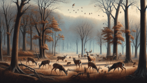 Create a realistic image of wildlife in Iowa during deer hunting season. The scene should carry a late autumn atmosphere, with bare trees, fallen leaves and a hint of frost on the ground. In the scene, feature a group of elegant deer grazing peacefully in this forested landscape. There should be a diverse collection of deer, including bucks with magnificent antlers, elegant does, and young fawns. Enhance the composition with glimpses of other wildlife indigenous to Iowa, such as birds perched on tree branches or squirrels scampering in the distance. Ensure there are no human figures, text, brand names or logos in the scene.
