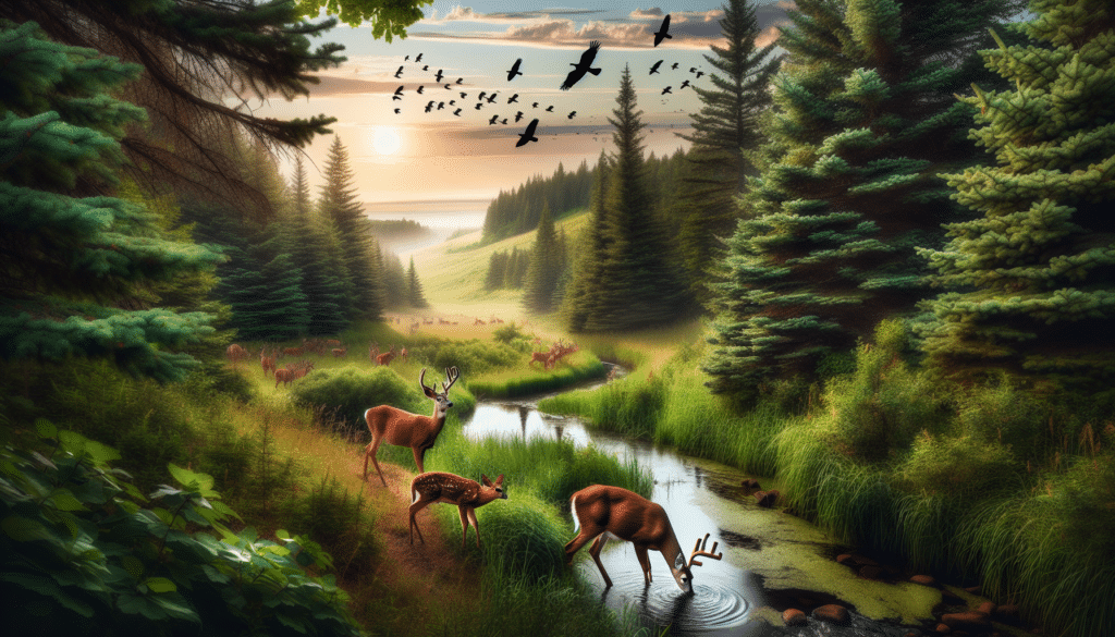 A wildlife photography image capturing the serene beauty of North Dakota's nature during deer season. The scene showcases a verdant green forest, dense with the foliage of pine and deciduous trees. A stream meanders gently through the landscape under the open sky, while a majestic deer drinks cautiously by its banks. Nearby, a doe and her fawn graze peacefully, framed by distant silhouettes of soaring birds against a backdrop of setting sun. Please avoid including any text, brand names, logos, or people in the image.