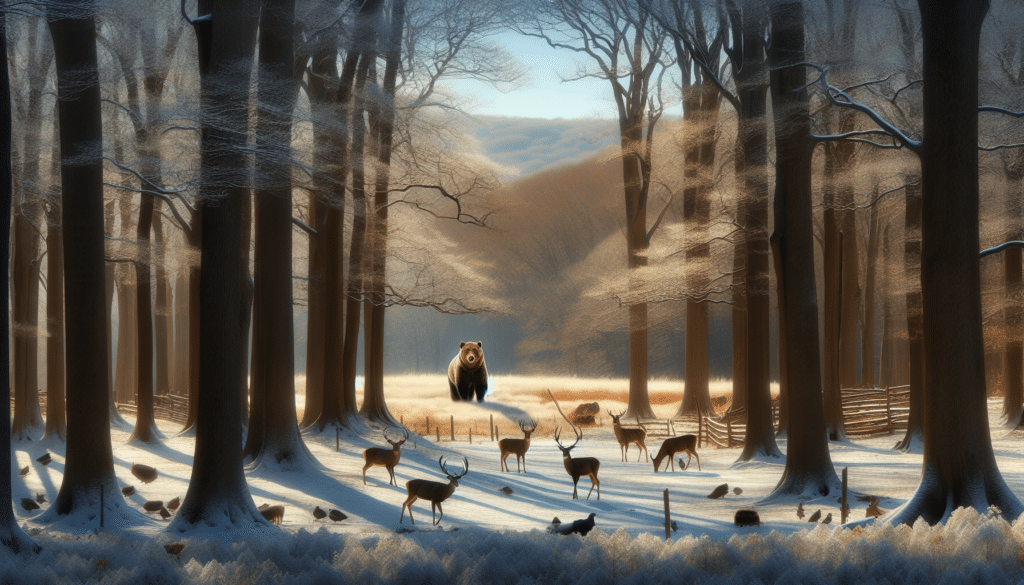 An enthralling snapshot of a forest landscape in Pennsylvania during firearms season, demonstrating the beauty of nature. The scene is enriched by a group of majestic deer peacefully grazing in a field, framed by a backdrop of towering leafless trees. Observe an imposing bear standing in the distance, its fur a captivating contrast to the white blanket of winter that covers the ground. The image excludes all human presence and contains no text or brand names. A crisp, clear afternoon sun casts long shadows, adding a sense of depth and serenity to this peaceful wildlife tableau.