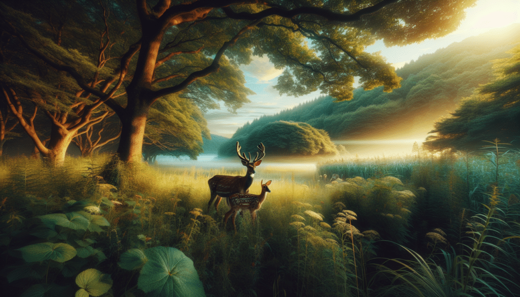 Generate a professional wildlife photography image focusing on a serene nature scene within a wildlife management area. Illustrate the prolific deer population, perhaps represented by a majestic buck or a nurturing doe with her fawn. Show the stunning landscape of the reserve flourishing with verdant trees, lush bushes, and a variety of other flora. The environment should be rich with life, but remember not to include any humans or human-made objects such as signage, structures, or branded items.