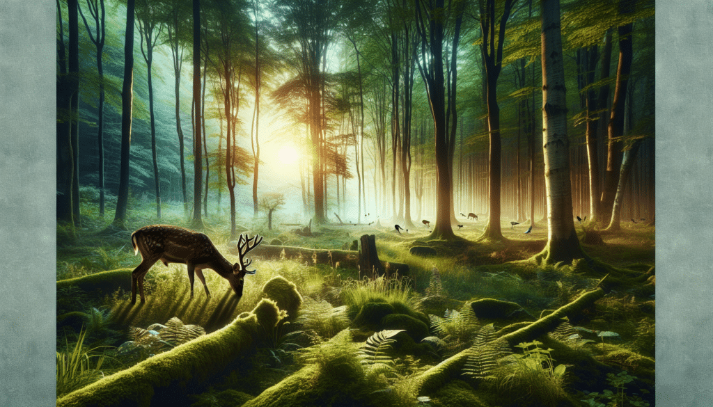 Visualize a peaceful forest scene at dawn with a deer calmly grazing. The environment suggests rich wildlife, with various species of trees, lush undergrowth, and birds chirping. The deer is a prominent figure in the setting, standing out against a backdrop of dense forest. The image oozes tranquility and beauty while shedding light on the reality of urban wildlife. Remember, the scene should not contain any people, text, brand names, or logos.