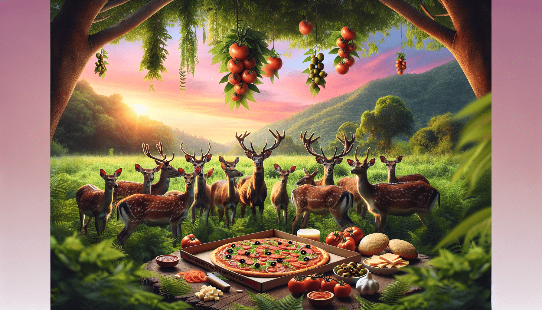 Create an image capturing a serene wildlife scene focusing primarily on a community of brown deer in their natural habitat. These beautiful creatures are interacting among lush greenery, gathering near a tree where an arrangement of recognizable but unbranded pizza ingredients such as dough, tomatoes, slices of bell pepper, olives, and cheese are magically suspended from branches, symbolizing the preparation of pizza kits. The setting sun paints the sky in hues of pink and orange, making the scene picturesque. The connotation of unity, support, and community should be strongly evoked from the image.