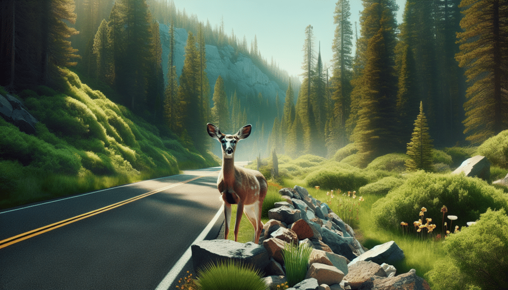 Generate an image of a professional wildlife setting which displays a deer in a verdant natural environment. The deer should subtly convey alertness and tension as if it's about to take a cautious step onto a rocky terrain, possibly near a seldom-traveled asphalt road. The background should be filled with more elements of the wilderness, like vibrant evergreen trees, flowering plants, and a clear, azure sky. The image should not contain humans, text, or any brand logos. This scene should capture the serene yet perilous nature of wildlife amid troubled coexistence with human infrastructure.