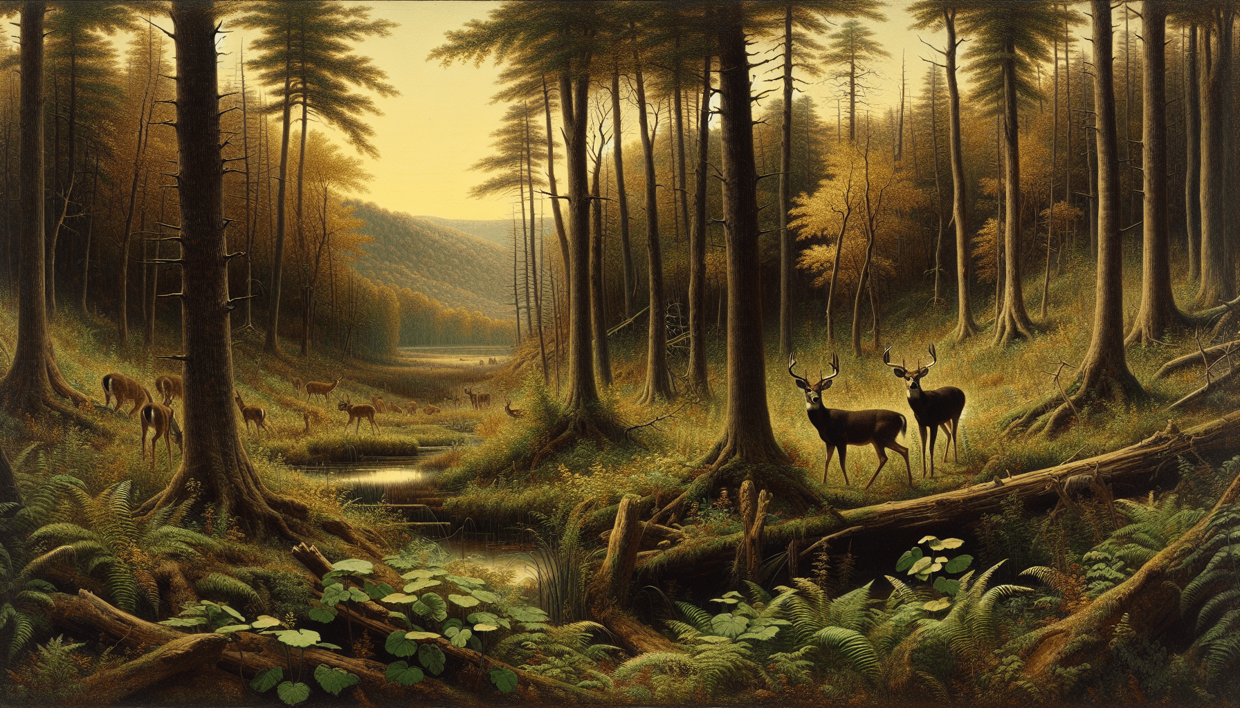 Generate a photography-style image that depicts a scene from the wilderness of Illinois capturing the essence of a historic deer harvest season. The image should focus on the native deer species, showing them in their natural habitat, perhaps interacting with surroundings typical of a fruitful harvest season. Illustrate a dense forest environment filled with tall trees, undergrowth, and perhaps a hint of distant hills or a water body, respecting the anonymity of the landscape. Capture the magic of the wilderness, promoting a sense of awe and respect for nature with the serenity and beauty it presents. The image should contain no humans, text, brand names, or logos.