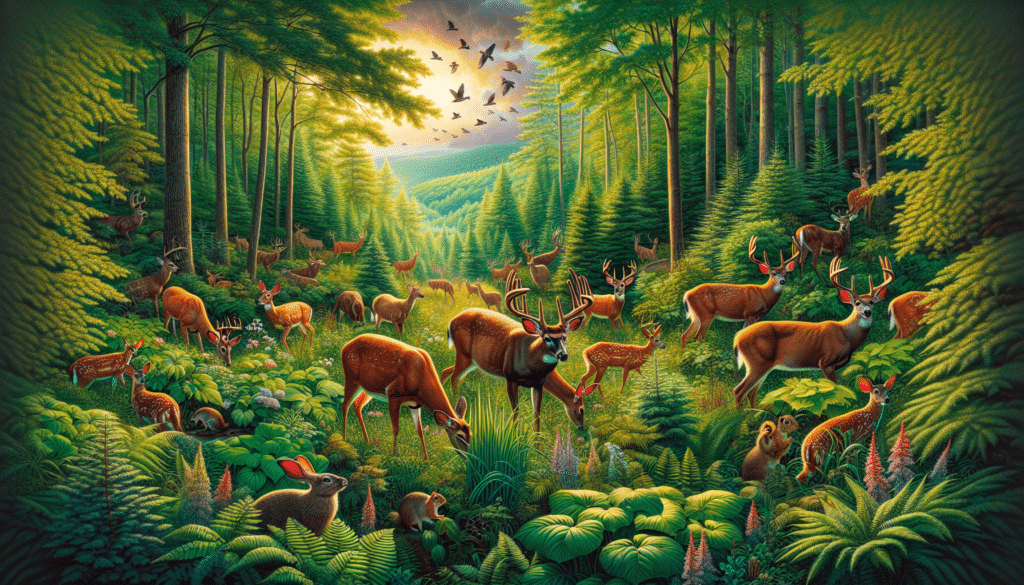 A vibrant and detailed scene showcasing the beautiful, untouched nature of Vermont. In the forefront, a herd of majestic deer is peacefully grazing amongst rich, green foliage. These deer are remarkably healthy and well, symbolizing the positive impact of the ban on deer urine lures. A wide array of other wildlife, like birds fluttering overhead and squirrels darting through the trees, can also be observed in the background. The richness of the environment further emphasizes the importance of conservation efforts. The image has a powerful, serene aura and is devoid of any people, brand names, or logos.