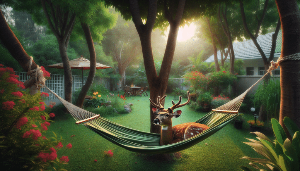 An intriguing scene of wildlife photography capturing nature's essence. In the visual, there's a calming backyard full of verdant vegetation, tall sturdy trees providing cool shade, and colorful blooming flowers. In the midst of this tranquil scene, a brown, majestic deer is in a peculiar circumstance but unharmed, its antler mildly entangled in a rope hammock. The hammock, tied between two trees, adds an interesting element to the scene. The image radiates a peaceful yet compelling aura of a wild creature momentarily caught in a man-made hurdle. Ensure the image is free from people, text, brand names, or logos.