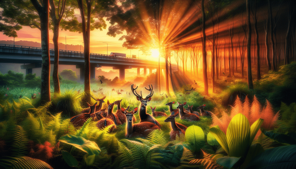 A stunningly detailed and professional wildlife photograph capturing a tranquil nature scene. The focus is a herd of deer basking under the lush green trees, their coats radiant in the morning light cast by daylight saving time. In the backdrop, a surge of golden sunlight bouncing off a distant highway amplifying the inherent danger. Diverse plants in the foreground add to the depth of the image, while a breathtaking array of bright colors fills the backdrop, a sky tinted orange in the early morning hours. Not a single person, brand name, logo, or text is present within this pristine, untouched wilderness scene.