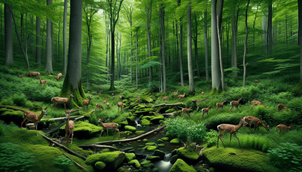 A lush green forest in Pennsylvania with its thriving flora and fauna without any human or brand presence. An intense scene unfolds, a group of deer roaming peacefully amidst the towering trees. The emphasis on a few deer looking frail and weary, perhaps due to the midge-borne disease, to hint at the title. The elements of nature including dense foliage, trees, moss-covered stones, a tiny stream meandering through, all encapsulate the stark beauty and harsh realities of wildlife.