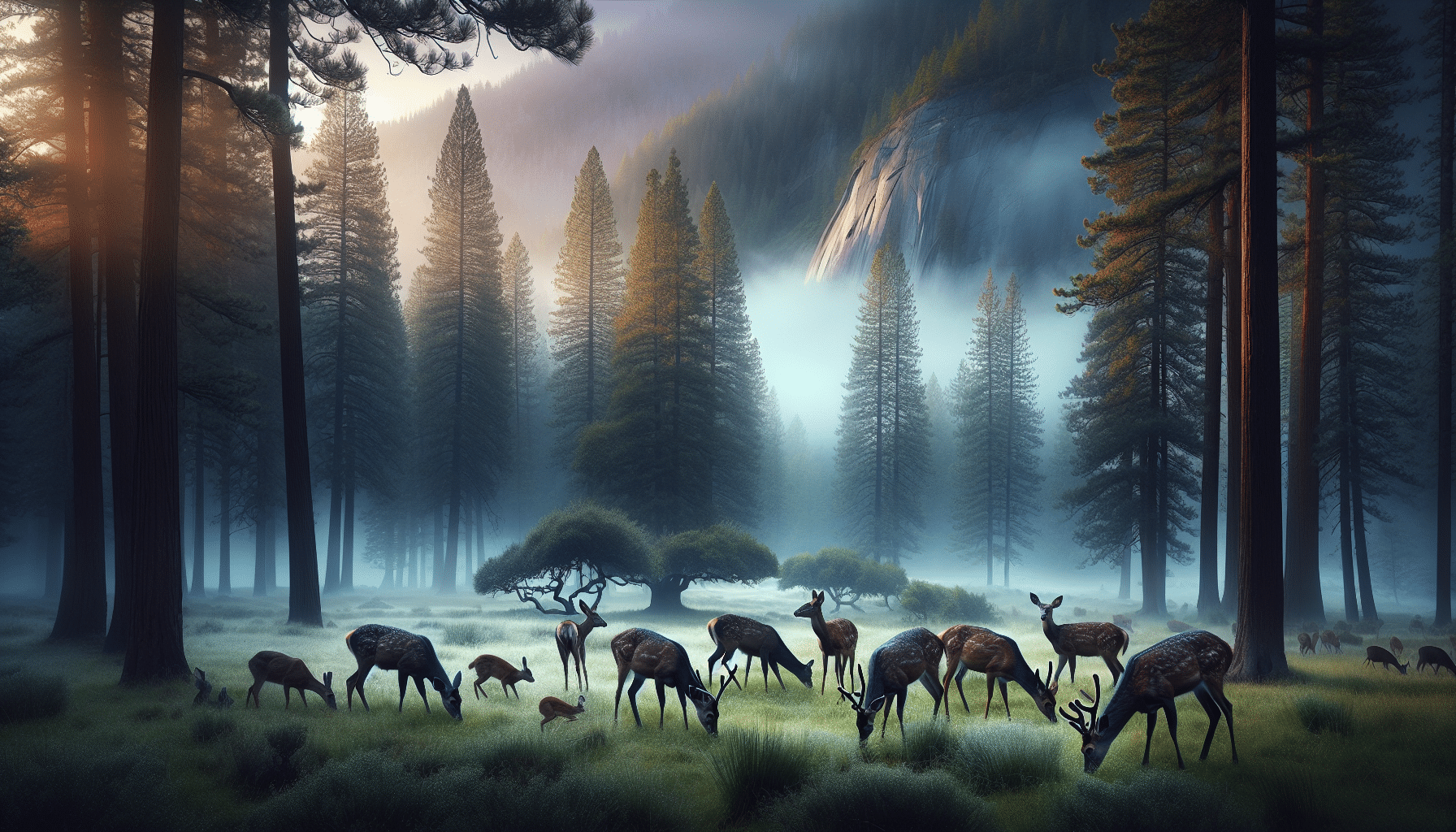 A vivid nature scene that is quintessential of professional wildlife photography. Depict the calm before the storm, a serene forest setting bathed in the soft light of dawn. A group of robust deer, healthy and alert, grazing on dewy grass. In the backdrop, towering pine trees and foggy mountains allow for a textured natural background. Closeby, other wildlife such as rabbits and birds exist harmoniously with the deer. This aesthetic should reflect the tranquil pre-rut deer environment, giving viewers insight into their natural habitat. Remember, exclue any brand names, logos, and people from the image.