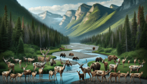 A compelling nature scene encapsulating the ecological changes in Montana. At the forefront, a group of deer looks gaunt and weary, illustrating the decline caused by the Hemorrhagic Disease. To further embody the changes in the environment, bears are discernible in the distance coherently drawn to the waterways. The backdrop is filled with Montana's vast wilderness, serene waterways, and lush foliage. No text, people, brand names, or logos are present in the landscape, ensuring the pristine and undisturbed depiction of wildlife.