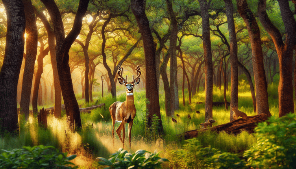A wildlife scene in Texas that beautifully captures the rich diversity of its natural fauna and landscapes. In the center, a majestic white-tailed deer stands, its gaze steady and imposing. The scene is set early in the morning, the golden light of sunrise casting long shadows as it filters through the tall trees of the dense forest. Lush green vegetation carpets the forest floor, offering a striking contrast against the brown bark of the trees. Other forest creatures like birds and squirrels can be noticed in the background. Make sure no text, brand names, logos or people are present in the image.